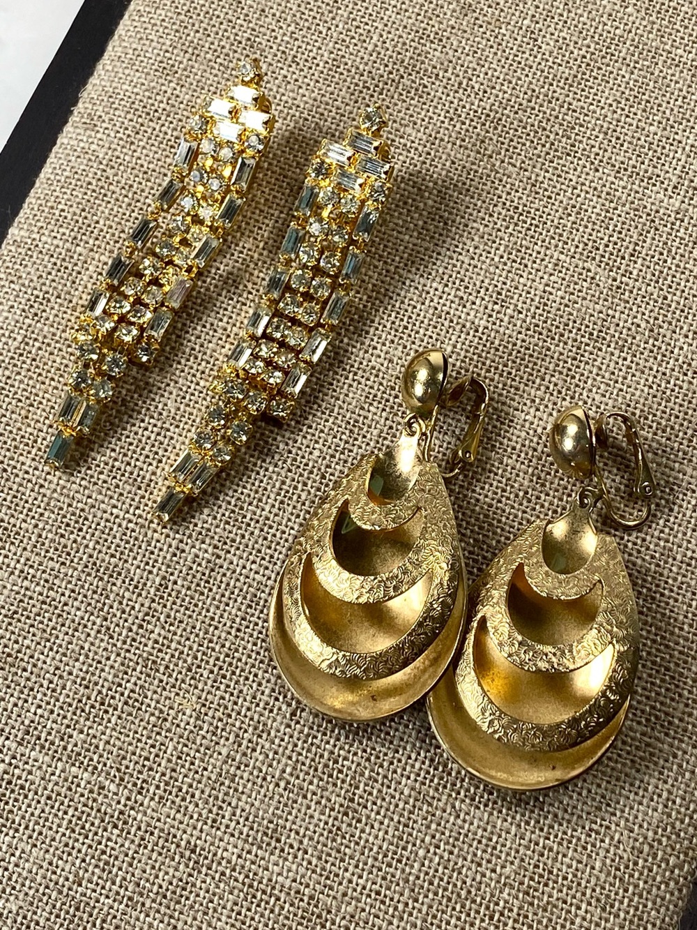 2pc Rhinestone Dangle +Sarah Coventry Gold Tone Crescent Drop Clip on Earrings